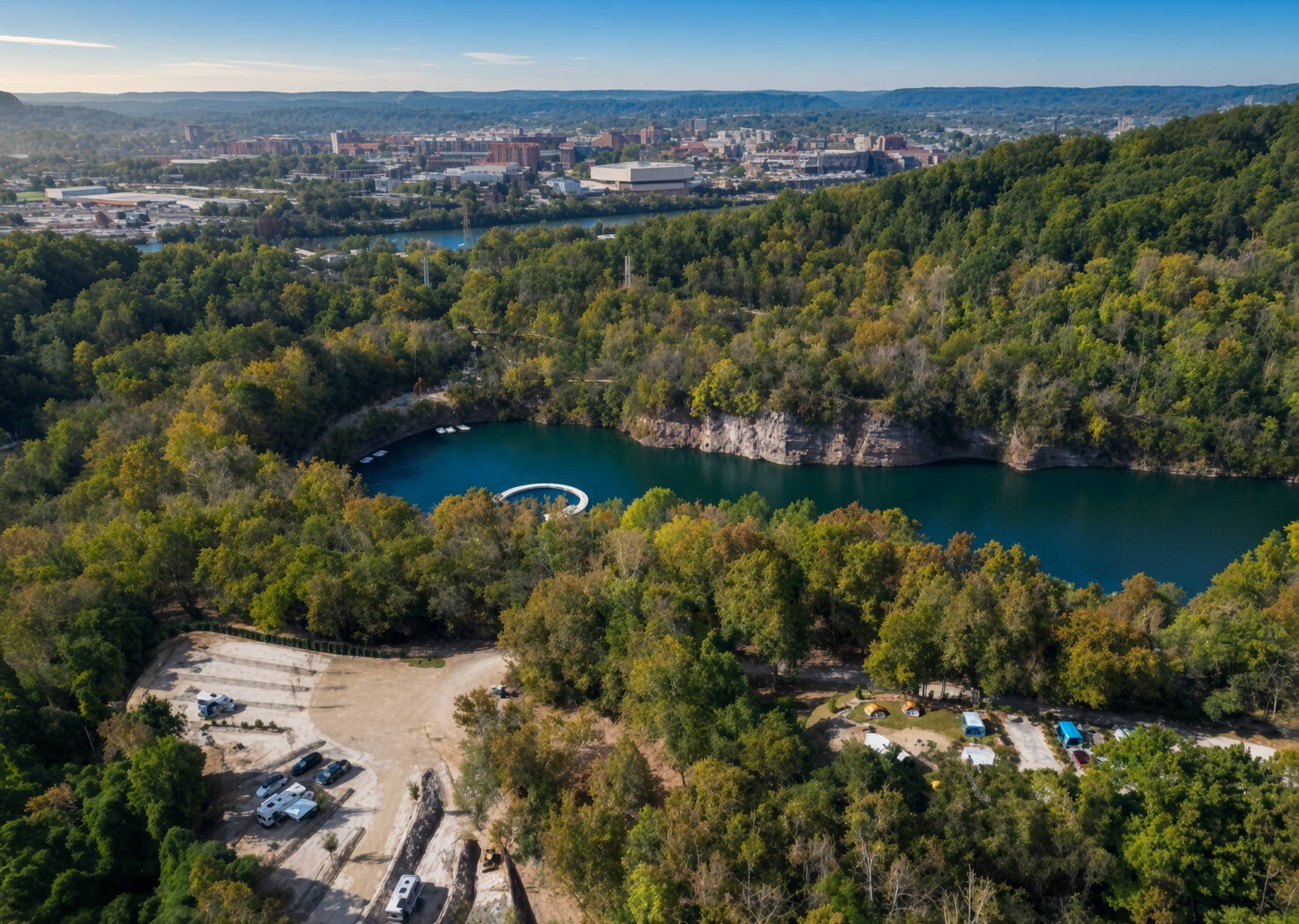 Aerial view of Camp Quarry Trails and the quarry water near Knoxville